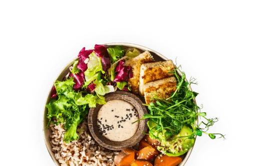 bowl with healthy food and a smartphone displaying a heykantine menu